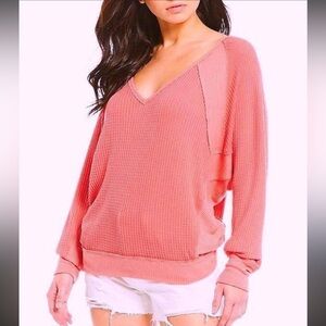 Free People Prairie Rose Pink Santa Clara Thermal Long Sleeve V-Neck Top